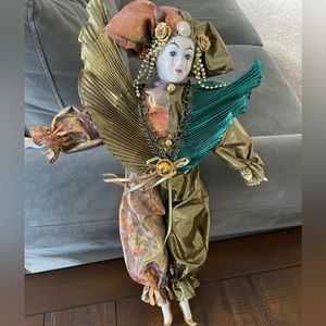 Vintage Harlequin Jester Porcelain Doll Intricate Floral Bead Gold-collectible